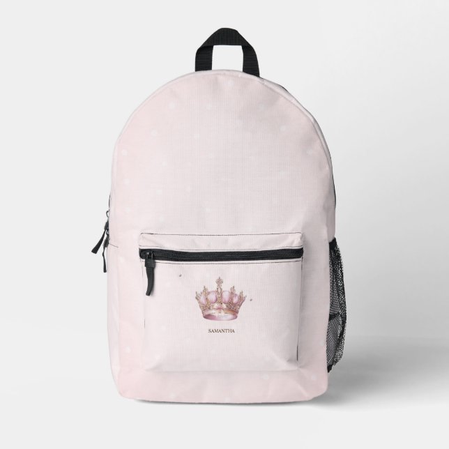  Watercolor Royal Crown Pink Bow Dots  Printed Backpack (Front)