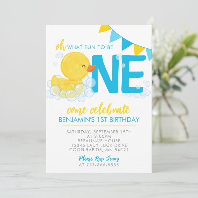 Watercolor Rubber Duck 1st Birthday Party Invitation (Standing Front)