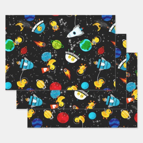 Watercolor Rubber Duck Astronauts Kids Outer Space Wrapping Paper Sheets