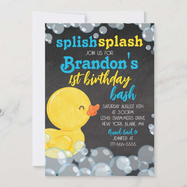 Watercolor Rubber Duck Chalkboard Birthday Invitation (Front)