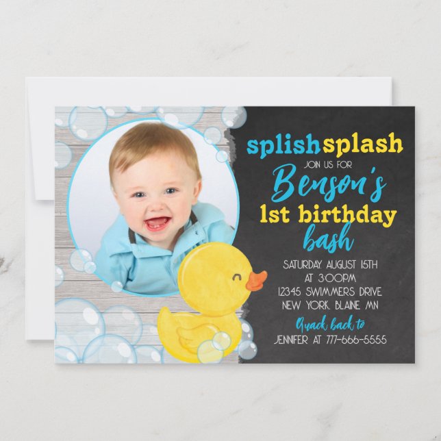 Watercolor Rubber Duck Chalkboard Photo Birthday Invitation (Front)