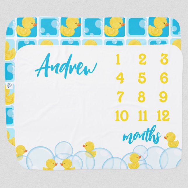 Watercolor Rubber Duck Monthly Milestone Baby Blanket (Boy Blue Watercolor Rubber Duck Monthly Milestone Photo Picture Prop Baby Blanket)
