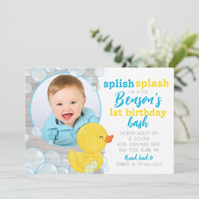 Watercolor Rubber Duck Photo Birthday Invitation (Standing Front)