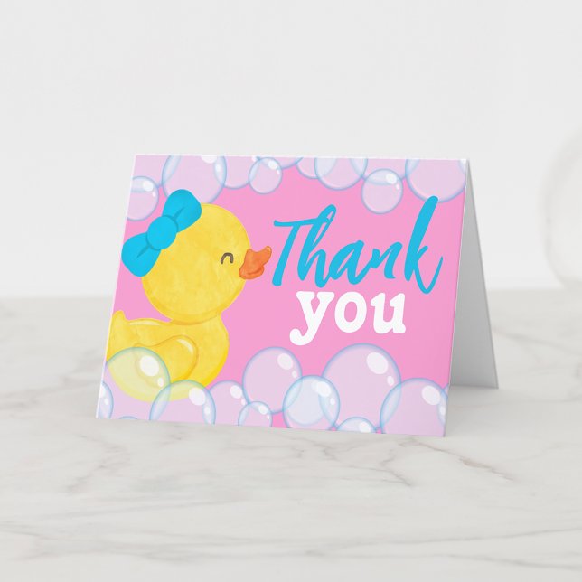 Watercolor Rubber Duck Pink Folded Thank You Card (Girl Pink Rubber Duck Folded Thank You Cards for Ducky Birthday or Duck Baby Shower)