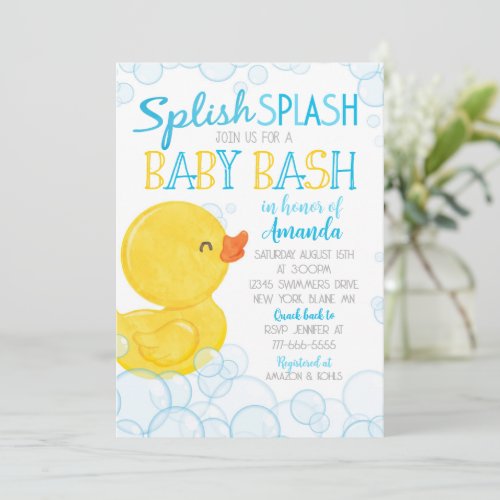 Watercolor Rubber Duck Splish Splash Baby Shower Invitation