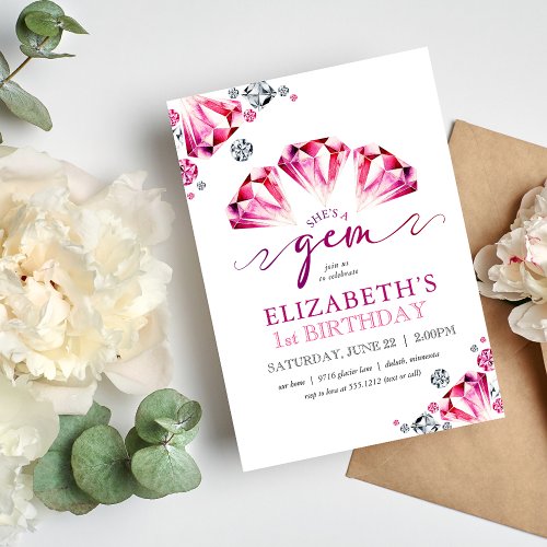 Watercolor Rubies Shes a Gem Birthday Invitation