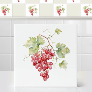 Watercolor Ruby Red Champagne Grape Vine Leaves Ceramic Tile
