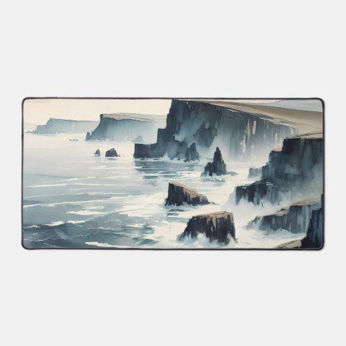 Watercolor Rugged cliffs and crashing waves Desk Mat