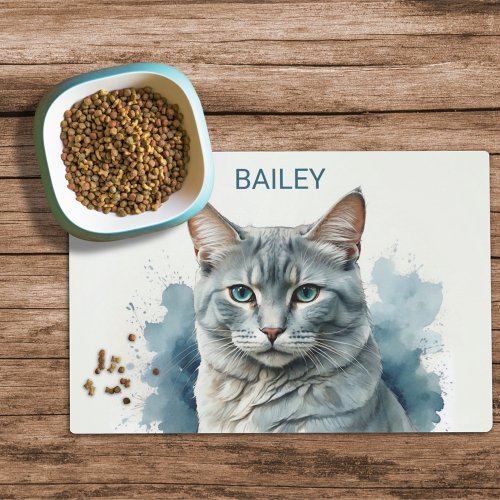 Watercolor Russian Blue Cat Custom Cat Food Mat
