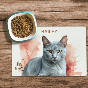 Watercolor Russian Blue Cat Custom Cat Food Mat