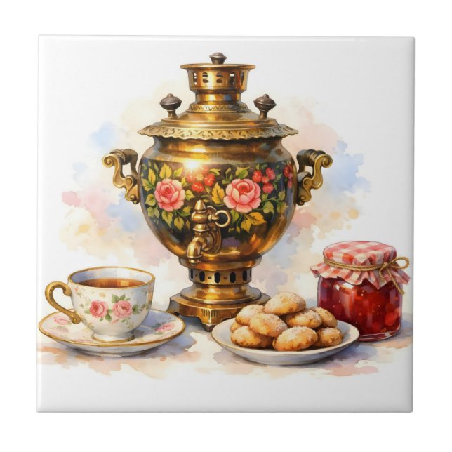 Watercolor Russian Samovar with Cookies, Jam  Ceramic Tile (Front)
