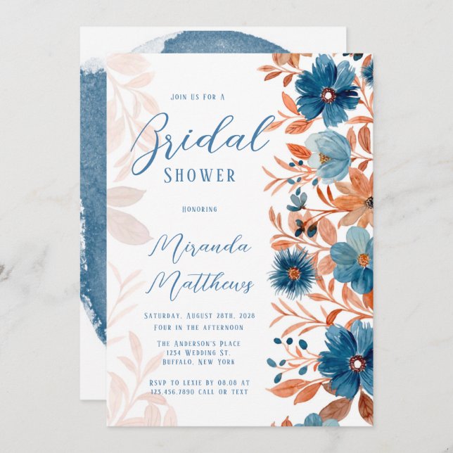 Watercolor Rust and Blue Florals Bridal Shower Invitation (Front/Back)