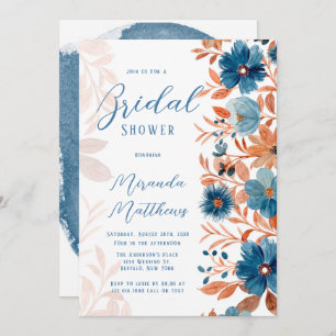 Watercolor Rust and Blue Florals Bridal Shower Invitation
