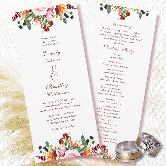 Watercolor Rust Yellow Green Autumn Floral Wedding Program (Creator Uploaded)