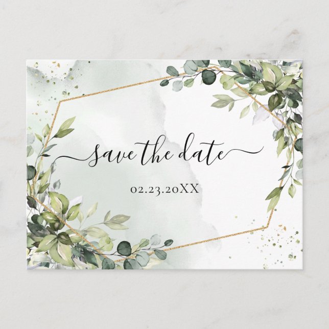 Watercolor RustBoho Green Eucalyptus Save the Date Postcard (Front)