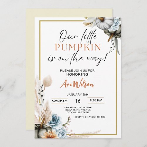 watercolor rustic a little pumpkin baby shower  invitation