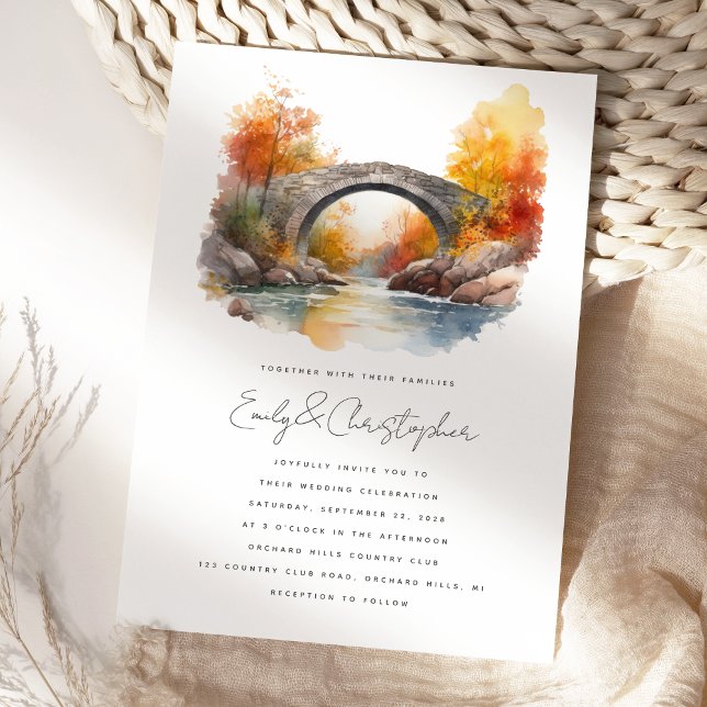 Watercolor Rustic Autumn Bridge Wedding Invitation (Creator Uploaded)