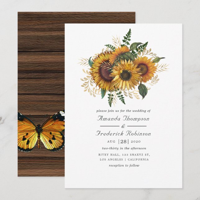 Watercolor Rustic Autumn - Fall Sunflower Wedding Invitation (Front/Back)
