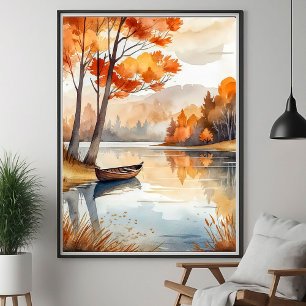Watercolor Rustic Autumn Fall Trees Lake Rowboat Poster
