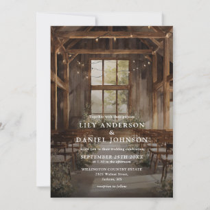 Watercolor Rustic Barn String Lights Wedding Invitation