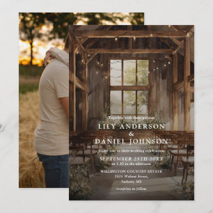 Watercolor Rustic Barn String Lights Wedding Photo Invitation