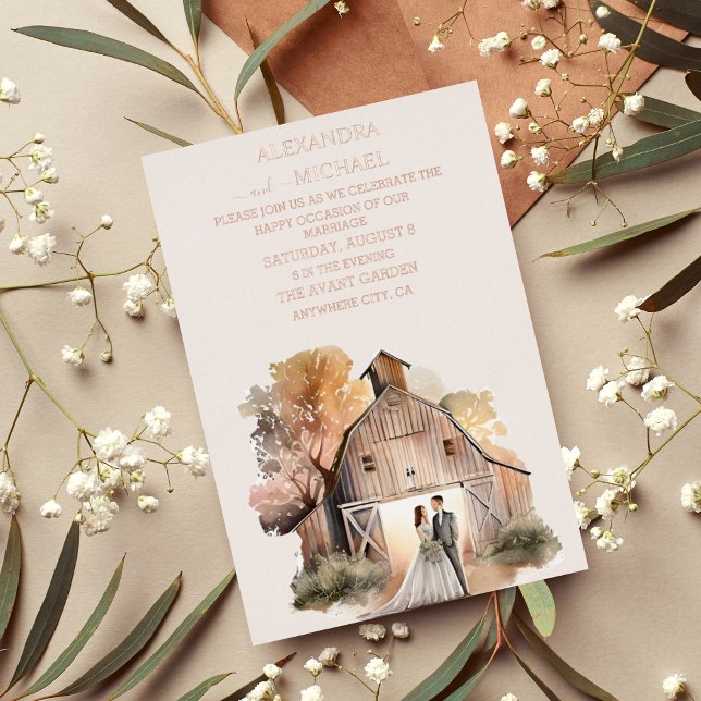 Watercolor Rustic Barn Wedding Foil Invitation (Creator Uploaded)