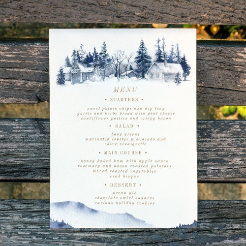 Watercolor Rustic Blue Mountain Wedding Menu Card