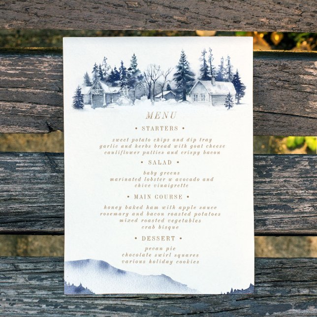 Watercolor Rustic Blue Mountain Wedding Menu Card (Creator Uploaded)