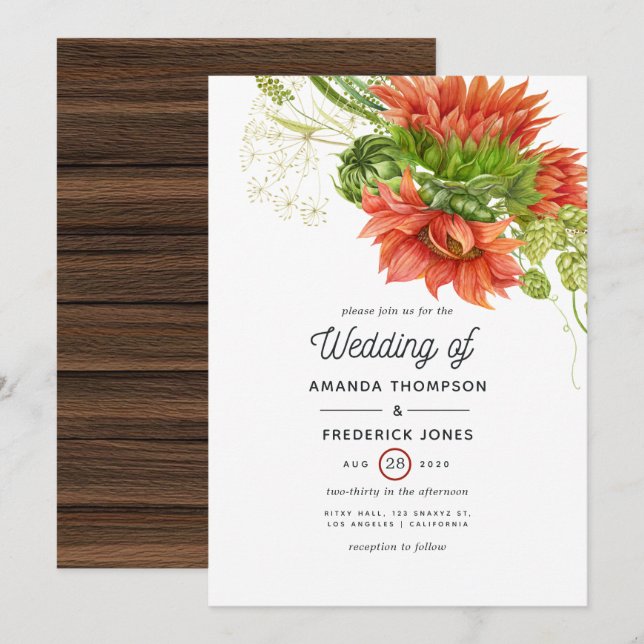 Watercolor Rustic Bohemian Red Sunflowers Wedding Invitation (Front/Back)