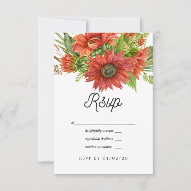 Watercolor Rustic Bohemian Red Sunflowers Wedding RSVP Card (Front)