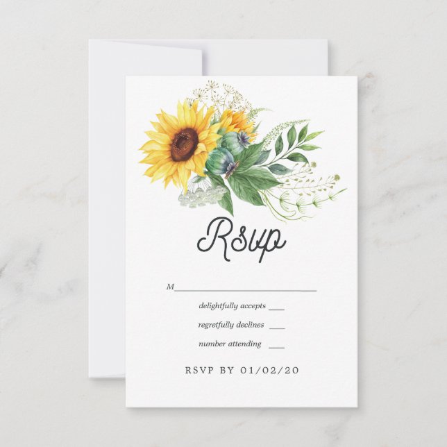 Watercolor Rustic Bohemian Sunflower Wedding RSVP Card (Front)