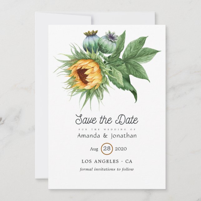 Watercolor Rustic Bohemian Sunflower Wedding Save The Date (Front)
