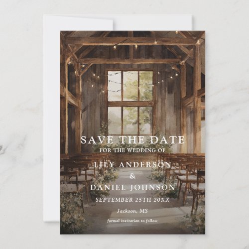Watercolor Rustic Boho Barn String Lights Wedding Save The Date