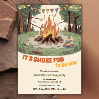 Watercolor Rustic Bonfire Fun Smores 1st Birthday