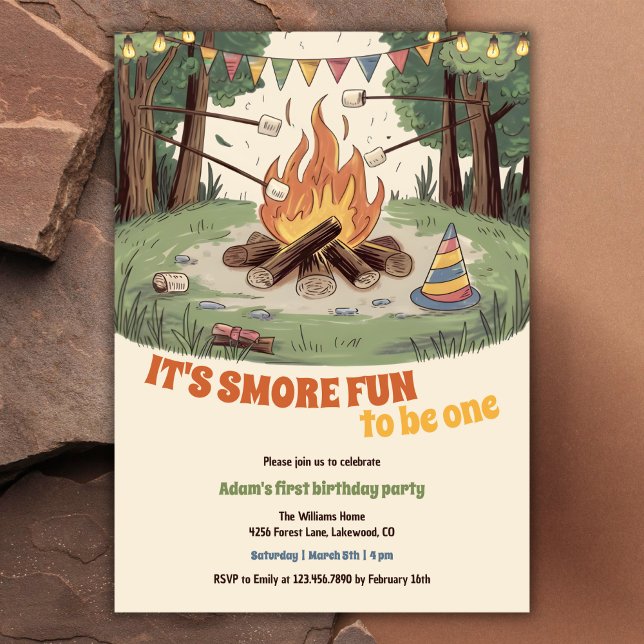 Watercolor Rustic Bonfire Fun Smores 1st Birthday Invitation (Watercolor Rustic Bonfire Camping Themed Fun Smores 1st Birthday Invitation)