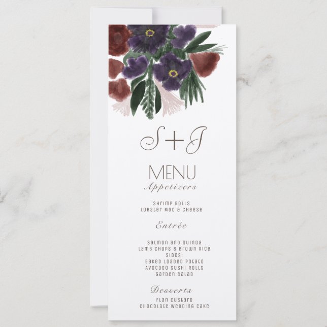 Watercolor Rustic Botany Bouquet Dinner Menu (Front)