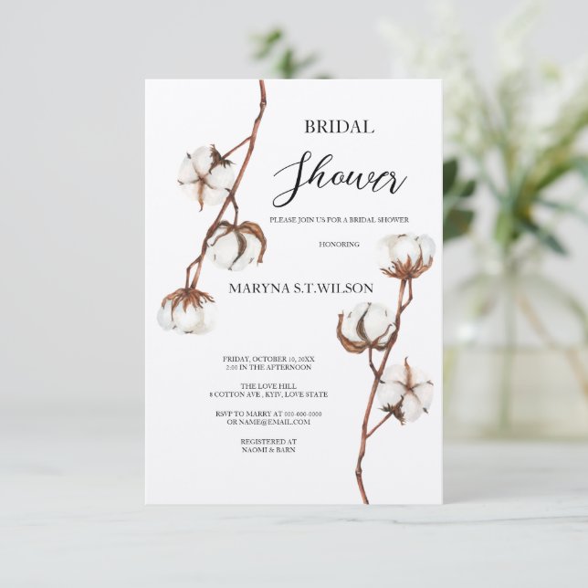 Watercolor rustic bridal cotton flower invitation  (Standing Front)