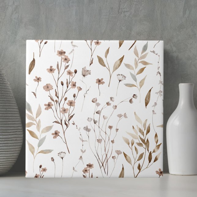 Watercolor Rustic Brown Winter Floral Botanical Ceramic Tile (Close up)