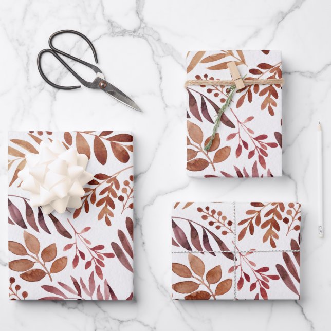 Watercolor Rustic Burgundy leaves  Wrapping Paper Sheets (Front)