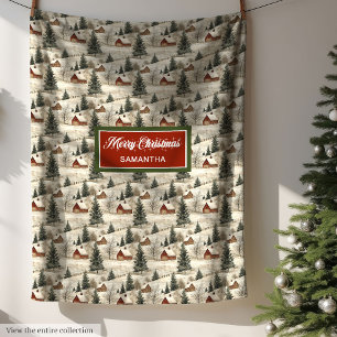 Watercolor Rustic Christmas Cottagecore Village Fleece Blanket