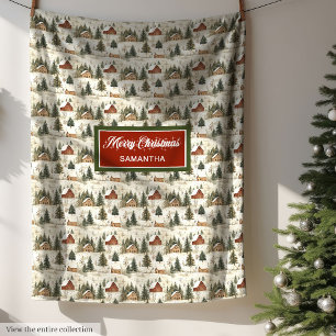 Watercolor Rustic Christmas Cottagecore Village Fleece Blanket