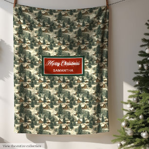 Watercolor Rustic Christmas Farmhouse Village Fleece Blanket