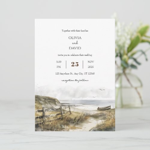 Watercolor Rustic Coastal Field Art Beach Wedding  Invitation