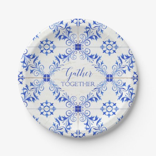 Watercolor Rustic Country Blue White Tile Wood Paper Plates