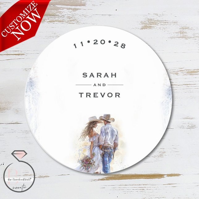 Watercolor Rustic Cowboy Wedding  Classic Round Sticker (Creator Uploaded)