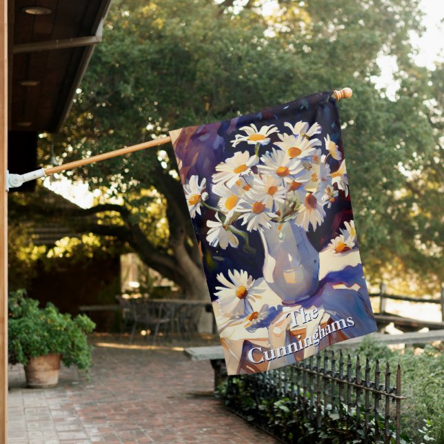 Watercolor Rustic Daisies in Metal Pitcher House Flag (In SItu)