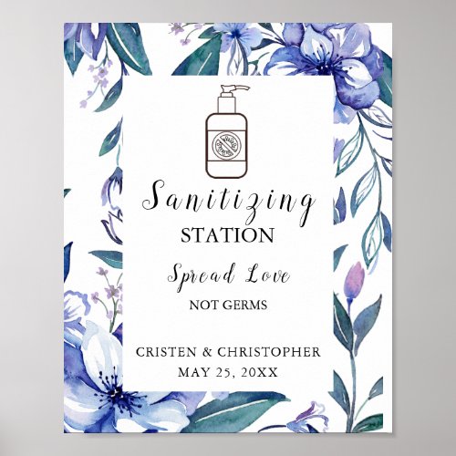 Watercolor Rustic Dusty Blue Wedding Sanitizing  Poster