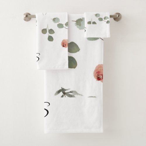 Watercolor Rustic Eucalyptus Floral Leaf Monogram  Bath Towel Set