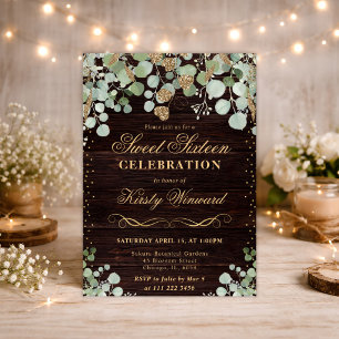 Watercolor Rustic Eucalyptus Gold Sweet 16 Invitation