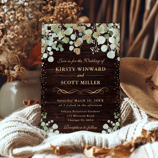 Watercolor Rustic Eucalyptus Gold Wedding Invitation (Creator Uploaded)